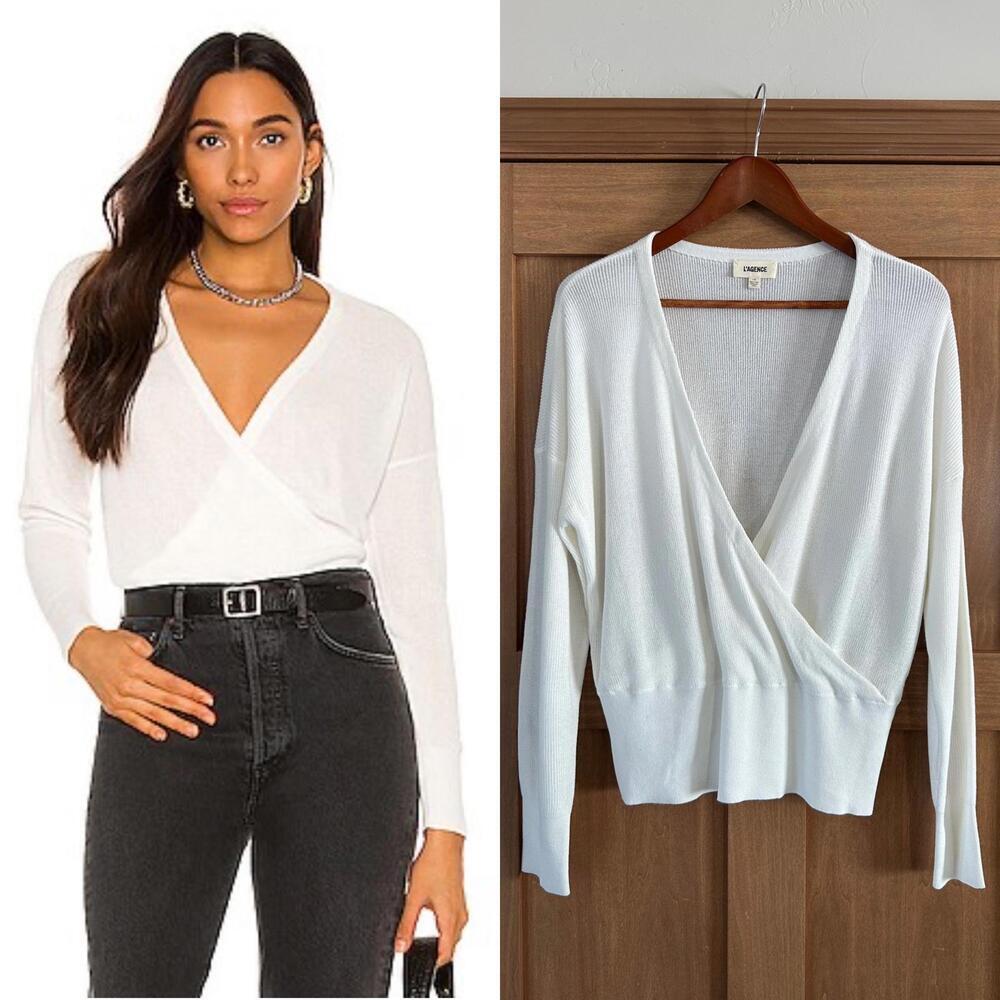 NWOT L'AGENCE Blair Crossover Pullover Top in Ivory Metallic Women’s size Large